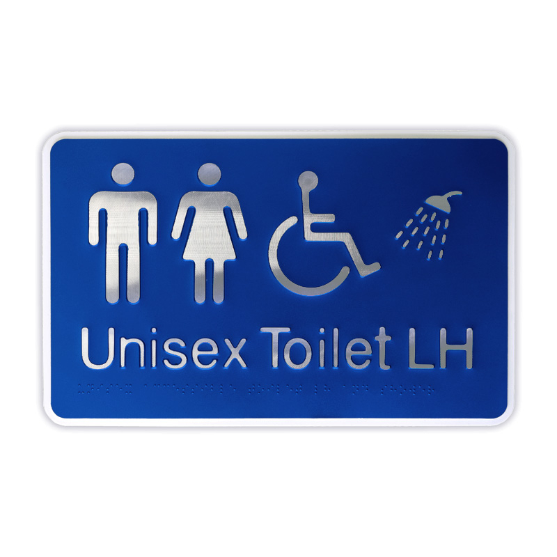 Premium Braille Sign - Unisex Toilet & Shower LH, 300mm (W) x 190mm (H), Anodised Aluminium