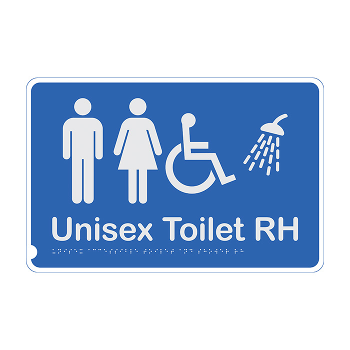 Premium Braille Sign - Unisex Toilet & Shower RH, Anodised Aluminium, 190 x 300mm