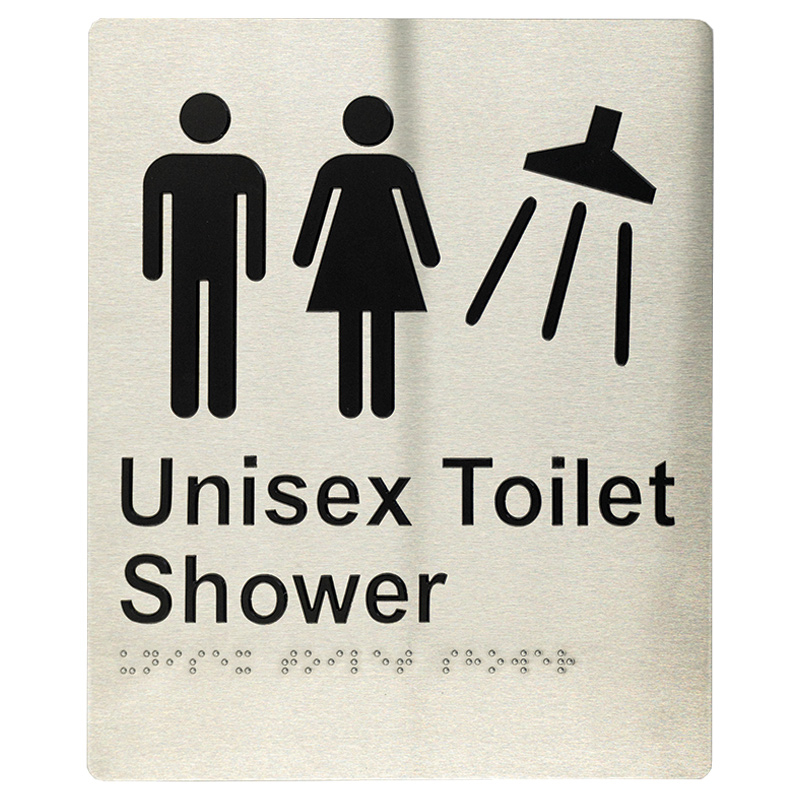 Braille Sign - Unisex Toilet Shower, Stainless Steel, 220 x 180 mm