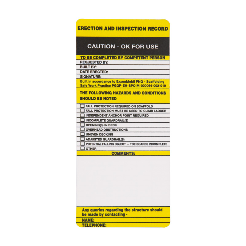 Equipment Servicing Tags - Erection And Inspection Record, Polypropylene, Yellow