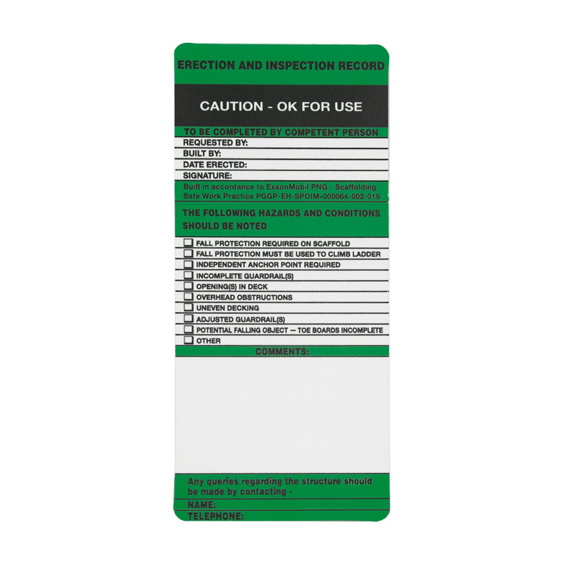 Equipment Servicing Tags - Erection And Inspection Record, Polypropylene, Green