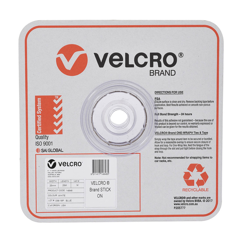 Velcro Self Adhesive Tape, Hook Only, 25mm (W) x 25m (L), White
