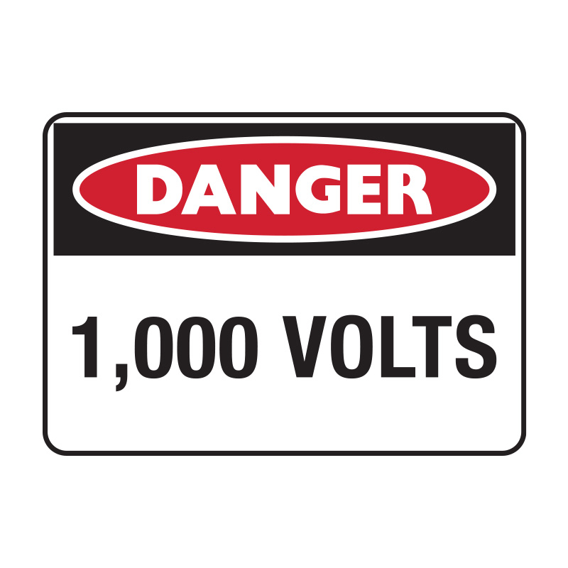 Danger Signs - Danger 1,000 Volts, 250mm (W) x 180mm (H), Self Adhesive Vinyl 
