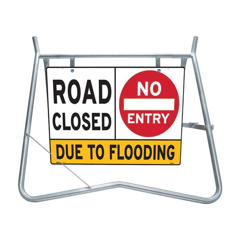 Multi-Message Road Closed No Entry Due to Flooding Sign and Swing Stand Kit, 900 x 600mm, Class 1 Reflective Metal