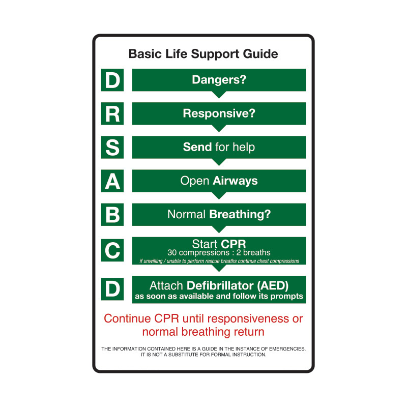 Basic Life Support DRSABCD Guide Sign, 300mm (W) x 450mm (H), Polypropylene