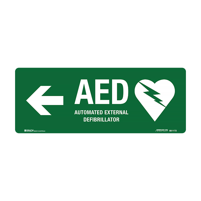 First Aid Sign - AED Defibrillator Sign with Left Pointing Arrow, 450mm (W) x 180mm (H), Polypropylene