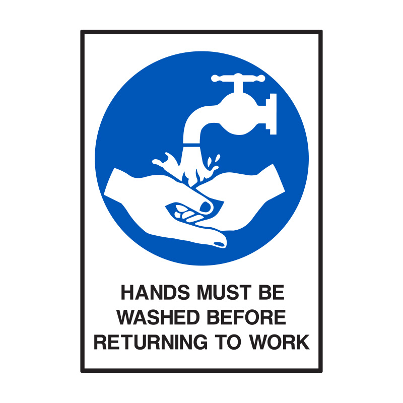 Mandatory Signs - Hands Must Be Washed Before Returning To Work, 90mm (W) x 125mm (H), Self Adhesive Vinyl, Pack of 5