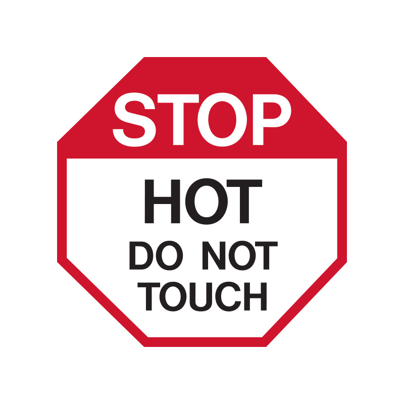 Multi worded Stop Signs - Stop Hot Do Not Touch, 75mm (W) x 75mm (H), Self Adhesive Vinyl, Octagon, Pack of 5 Labels