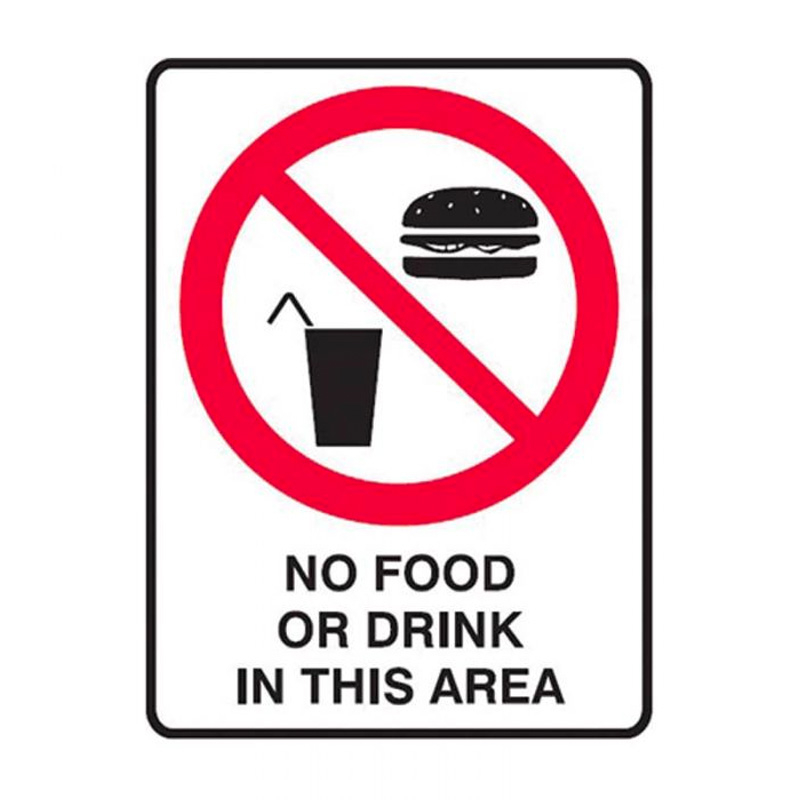 Small Stick On Labels - No Food Or Drink In This Area, 90mm (W) x 125mm (H), Self Adhesive Vinyl, Pack of 5