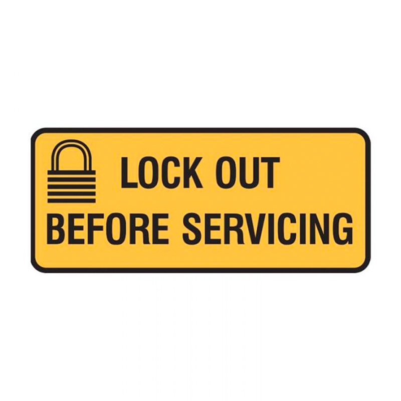 Lockout Tagout Sign - Lock Out Before Servicing, 300mm (W) x 125mm (H), Self Adhesive Vinyl
