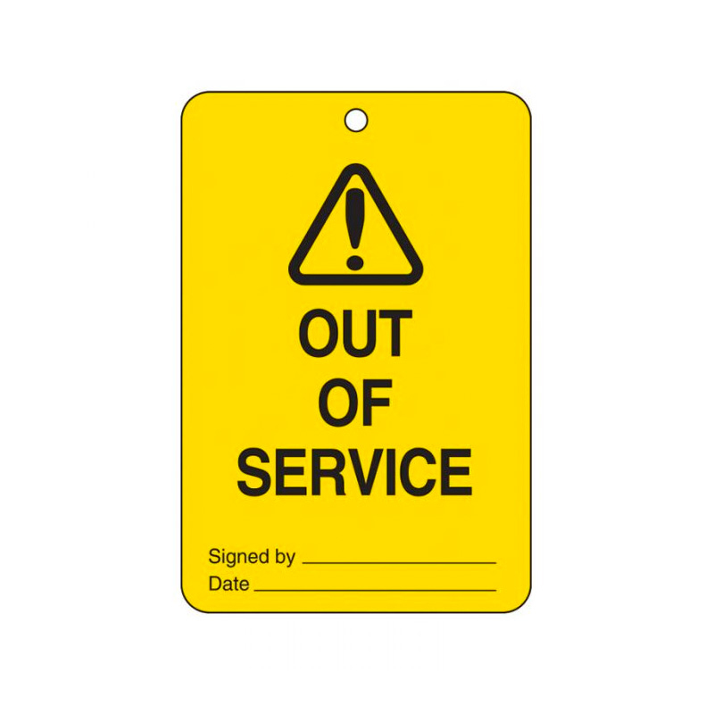 Lockout Tags - Caution Out Of Service With Picto, 100mm (W) x 150mm (H), Polypropylene, Pack of 10