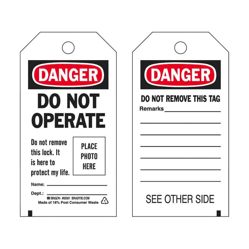 Lockout Tags - Do Not Operate, Photo Identification Tag, Reverse Side, 76mm (W) x 140mm (H), Self Sealing Laminate, Pack of 10