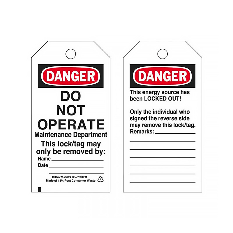 Lockout Tags - Do Not Operate Maintenance Department, Reverse Side, 76mm (W) x 140mm (H), Heavy Duty Polyester, Pack of 25