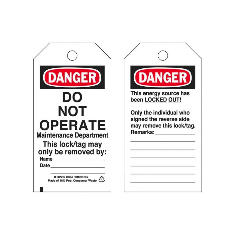 Lockout Tags - Do Not Operate Maintenance Department, Reverse Side, 76mm (W) x 140mm (H), Economy Polyester, Pack of 25
