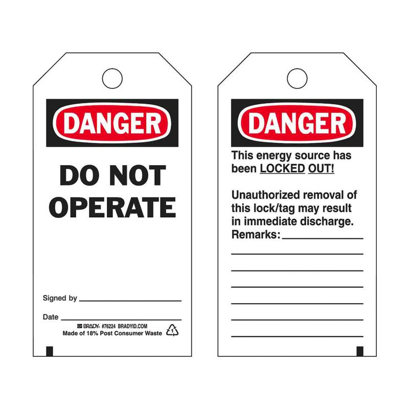 Lockout Tags - Do Not Operate, Reverse Side, 76mm (W) x 140mm (H), Polyester, Pack of 25