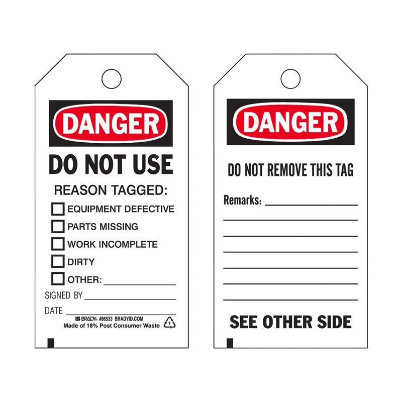 Lockout Tags - Do Not Use Reason Tagged, Reverse Side, 75mm (W) x 145m (H), Economy Polyester, Pack of 10 