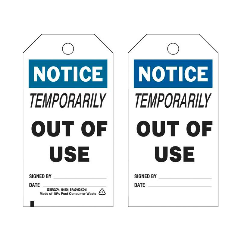 Lockout Tags - Notice Temporarily Out Of Use, 75mm (W) x 145mm (H), Economy Polyester, Pack of 10